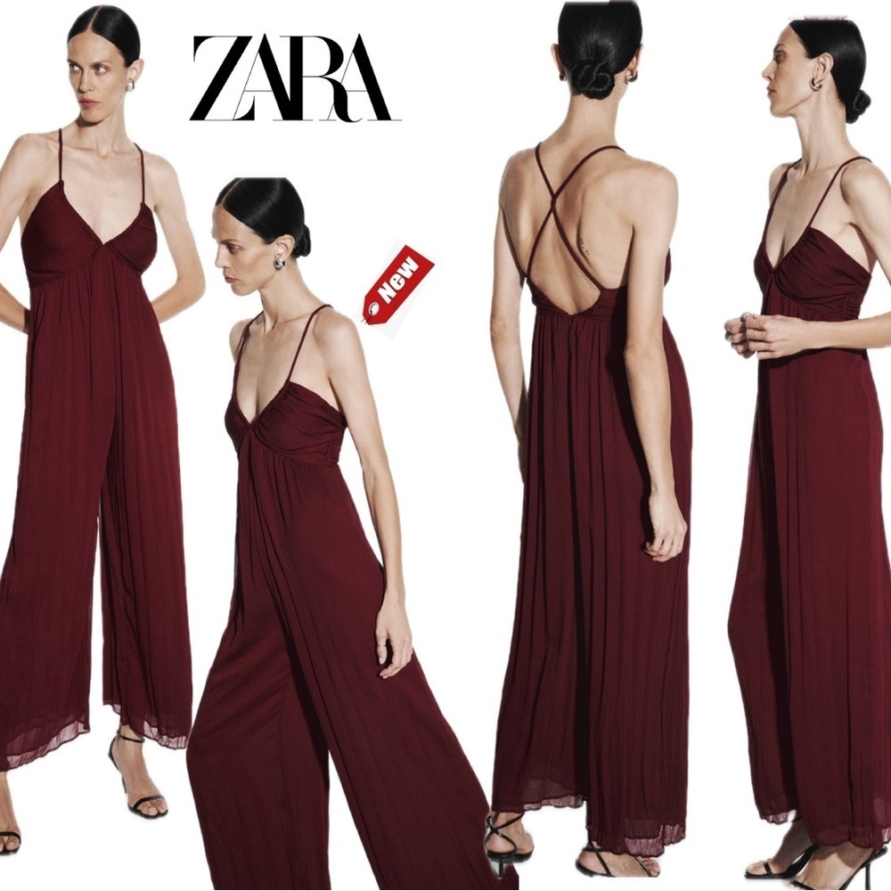 Zara burgundy V-neck crisscross spaghetti strap wide leg jumpsuit Sz S NWT - Picture 1 of 16